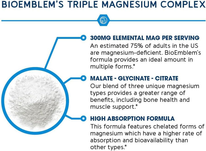 Bioemblem Triple Magnesium Complex | 300Mg of Magnesium Glycinate, Malate, & Citrate for Muscles, Nerves, & Energy | High Absorption | Vegan, Non-Gmo | 90 Capsules