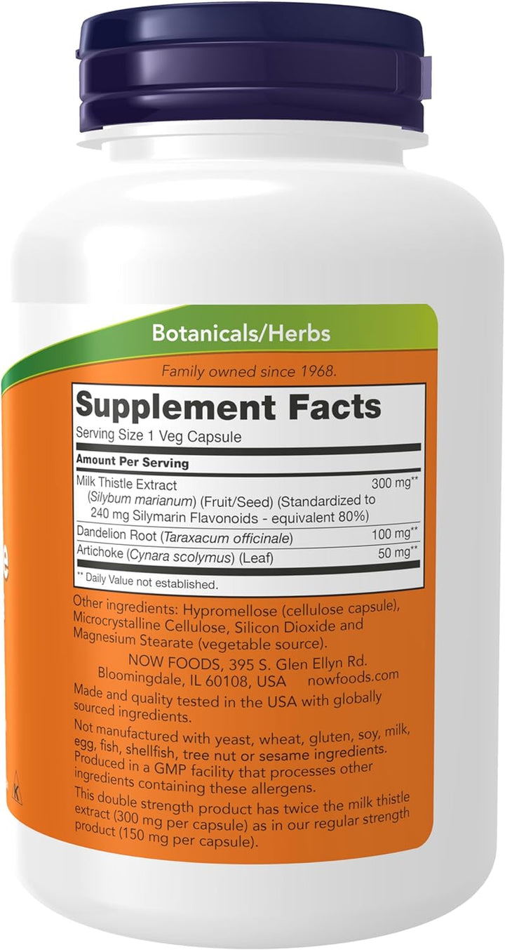 NOW Supplements, Silymarin Milk Thistle Extract 300 Mg with Artichoke and Dandelion, Double Strength, Supports Liver Function*, 100 Veg Capsules