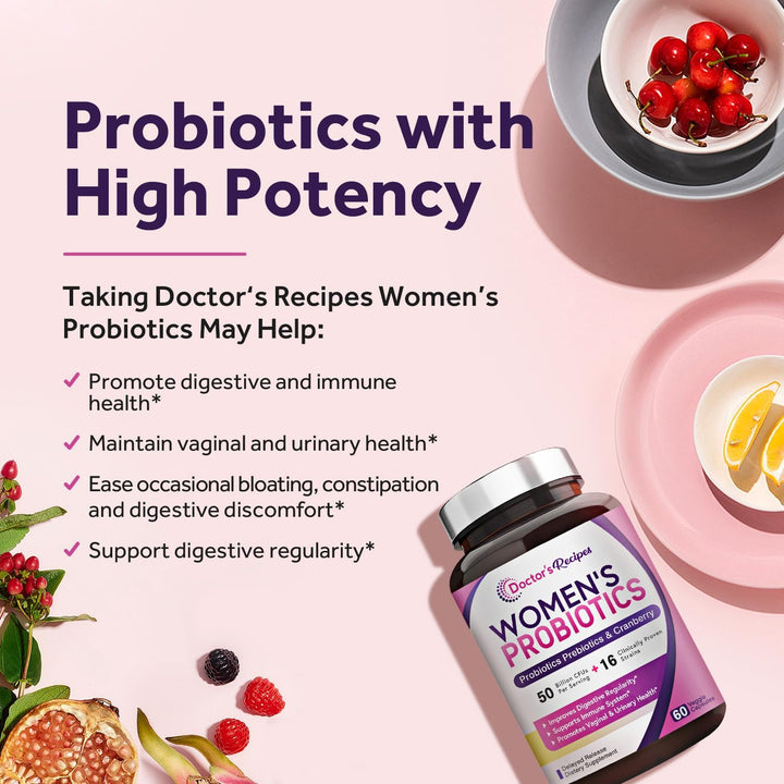 Doctor'S Recipes Women’S Probiotic, 60 Caps 50 Billion CFU 16 Strains, with Organic Cranberry, Digestive Immune Vaginal & Urinary Health, Shelf Stable, Delayed Release, No Soy Gluten Dairy