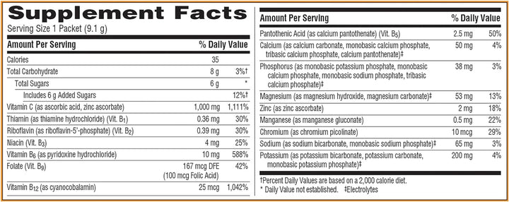 Emergen-C 1000Mg Vitamin C Powder for Daily Immune Support Caffeine Free Vitamin C Supplements with Zinc and Manganese, B Vitamins and Electrolytes, Super Orange Flavor - 30 Count