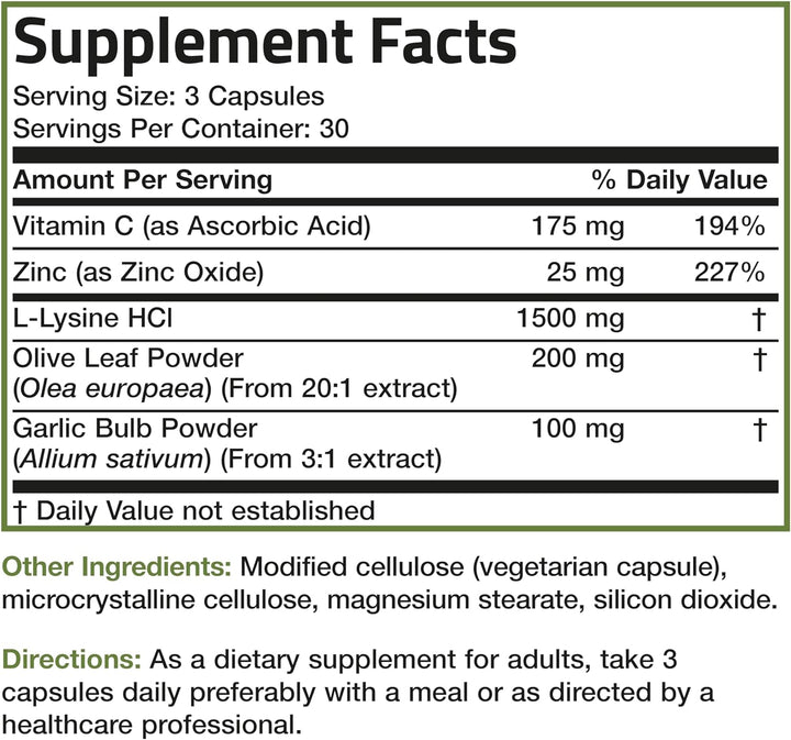 Bronson L-Lysine Defense Immune Support Complex 1500 MG L-Lysine plus Olive Leaf, Garlic, Vitamin C and Zinc - Non-Gmo, 250 Vegetarian Capsules