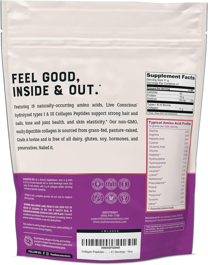 Live Conscious Collagen Peptides Powder - Hair, Skin, Nail, and Joint Support - Type I & III Collagen - Naturally-Sourced Hydrolyzed Protein - 82 Servings - 16Oz (2-Pack)