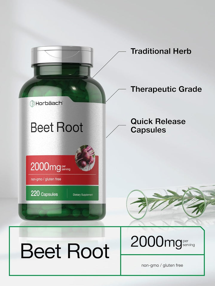 Horbäach Beet Root Powder Capsules | 220 Pills | Herbal Extract | Non-Gmo, Gluten Free, and DNA Tested Supplement