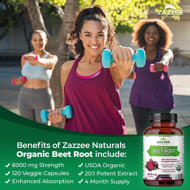 Zazzee USDA Organic Beet Root 20:1 Extract, 8000 Mg Strength, Enhanced Absorption with Organic Black Pepper Extract, 120 Vegan Capsules, Standardized, Concentrated 20X Extract, All-Natural and Non-Gmo