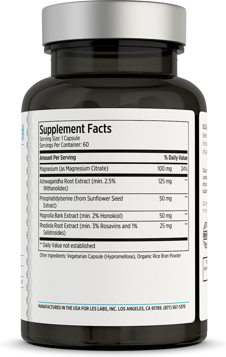 LES Labs Cortisol Health – Stress Relief, Balanced Cortisol Response, Relaxation & Deep Sleep – Phosphatidylserine, Magnesium, Magnolia Bark, Rhodiola Rosea & Ashwagandha – Non-Gmo – 60 Capsules