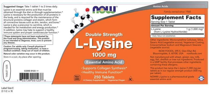 NOW Supplements, (L-Lysine Hydrochloride) 1,000 Mg, Double Strength, Amino Acid, 100 Tablets