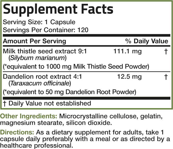 Bronson Milk Thistle Silymarin Marianum & Dandelion Root Liver Health Support, Antioxidant Support, Detox, 120 Capsules