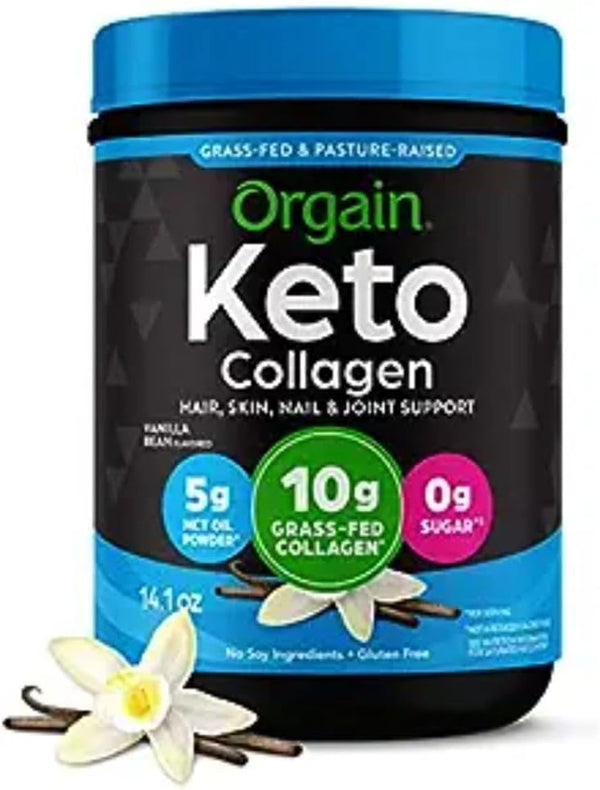 Orgain Keto Collagen Protein Powder, Vanilla - 10G Grass Fed Hydrolyzed Collagen Peptides Type 1 & 3, 10G Protein, 5G MCT Oil - Hair, Skin, Nail, & Joint Support, Gluten Free, Paleo - 0.88Lb