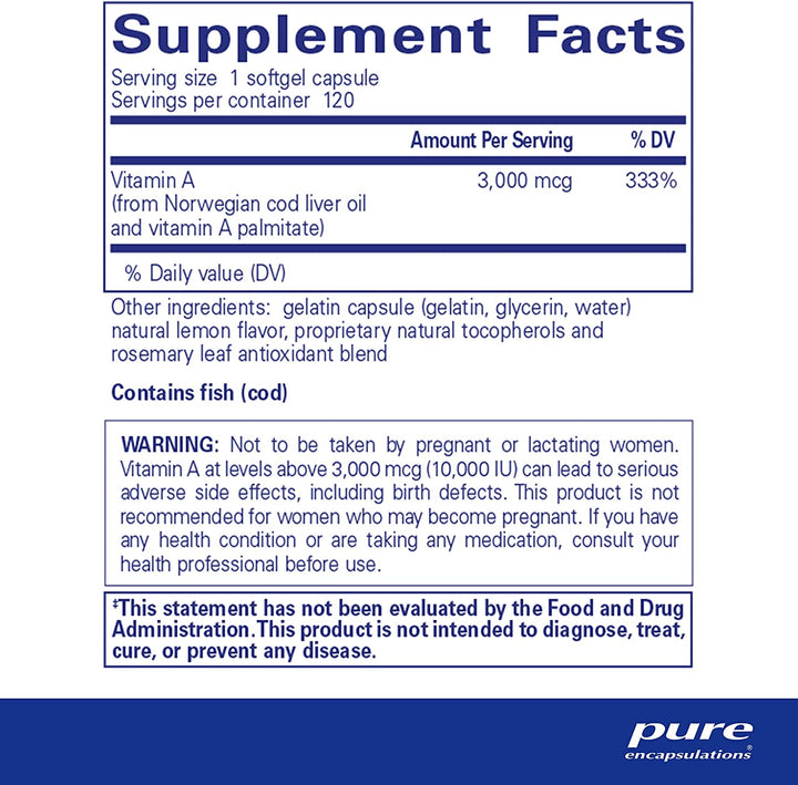 Pure Encapsulations Vitamin a - 3,000 Mcg - from Cod Liver Oil - Immune & Vision Support* - Vitamin a Palmitate Supplement - Non-Gmo - 120 Softgel Capsules