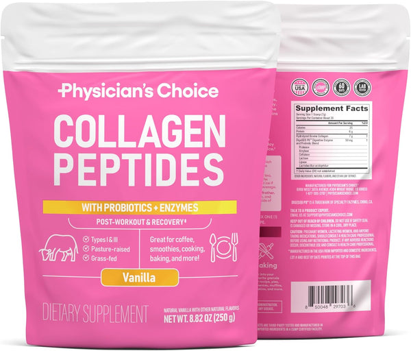 Physician'S CHOICE Collagen Peptides Powder (Hydrolyzed Protein - Type I & III) W/Digestive Enzymes - Keto Collagen Powder for Women & Men - Hair, Skin, Joints, Workout Recovery - Grass Fed - Vanilla