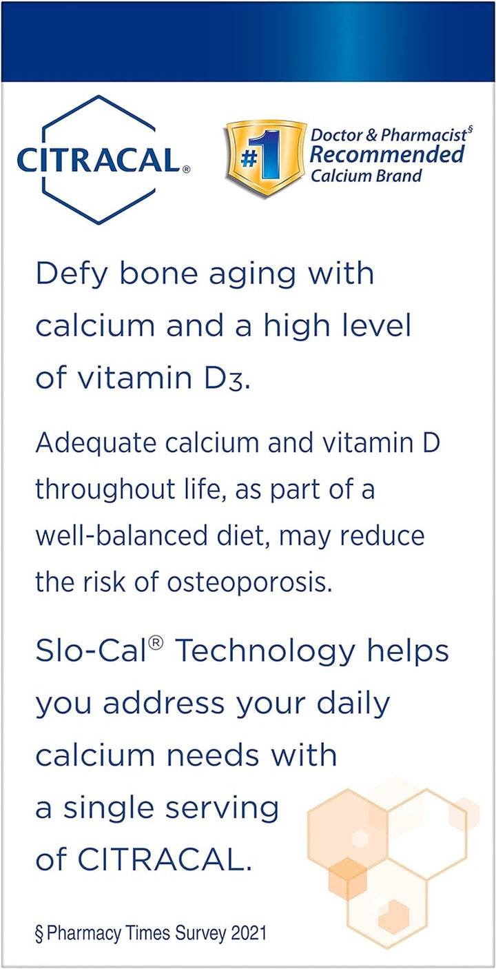 Citracal Slow Release 1200, 1200 Mg Calcium Citrate and Calcium Carbonate Blend with 1000 IU Vitamin D3, Bone Health Supplement for Adults, Once Daily Caplets, 80 Count