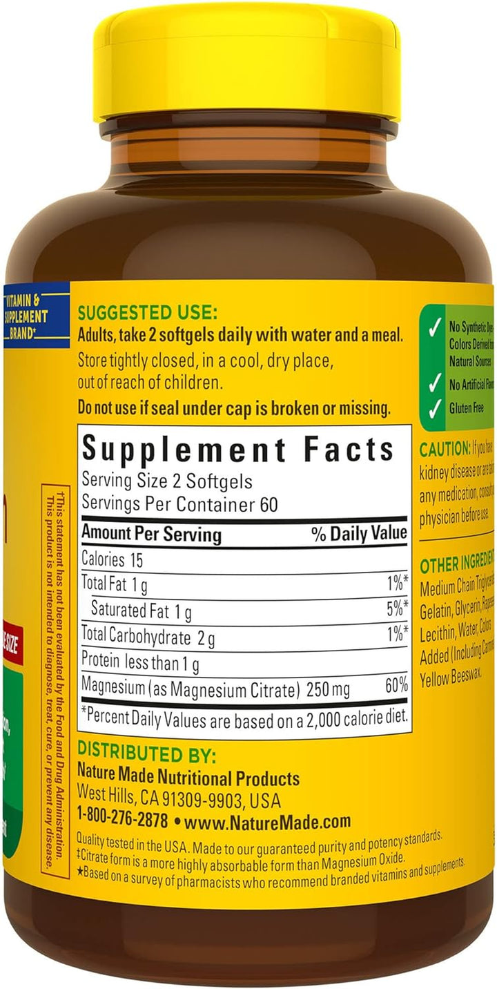 Nature Made Magnesium Citrate 250 Mg per Serving, Dietary Supplement for Muscle, Nerve, Bone and Heart Support, 120 Softgels, 60 Day Supply