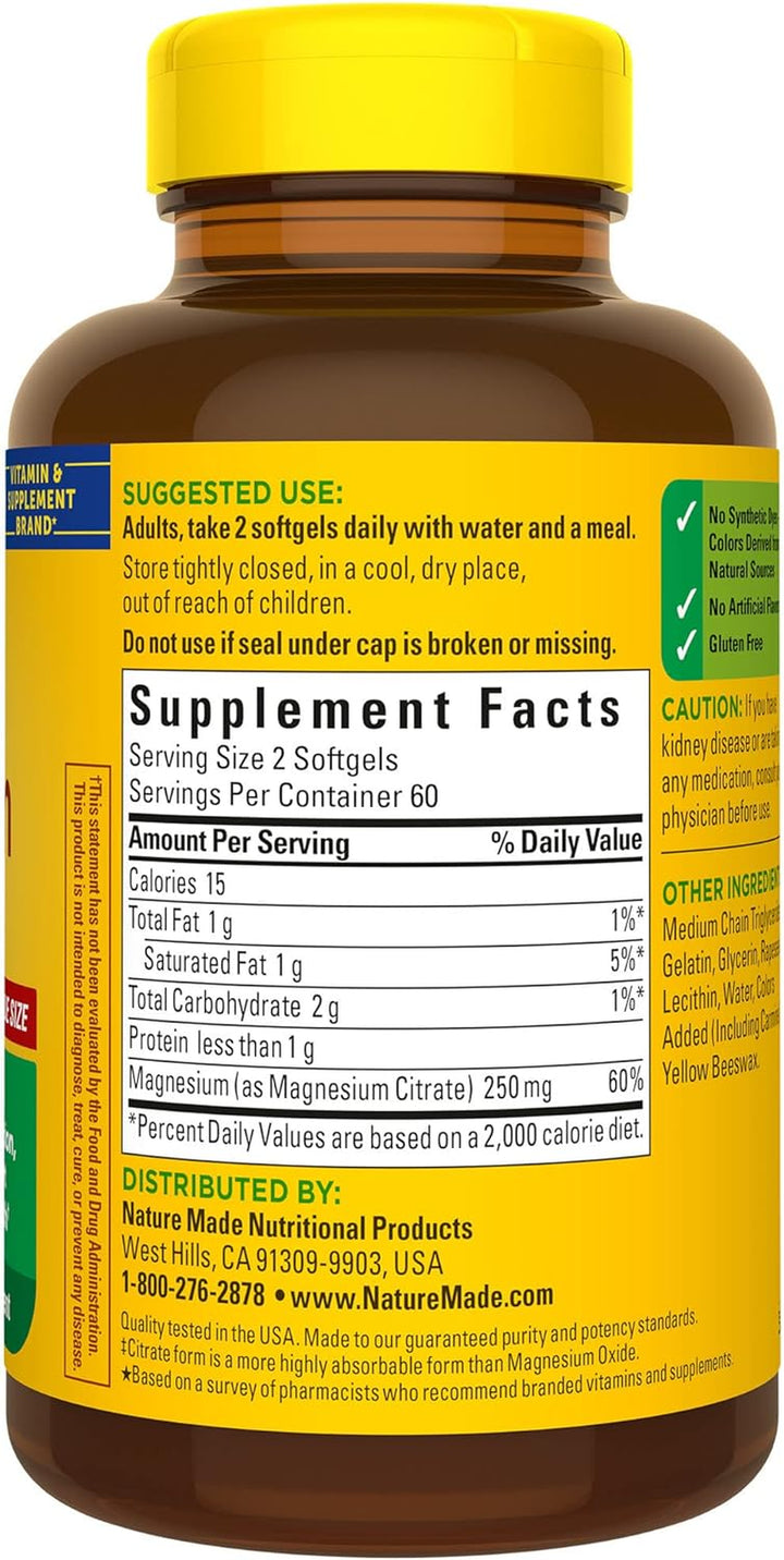 Nature Made Magnesium Citrate 250 Mg per Serving, Dietary Supplement for Muscle, Nerve, Bone and Heart Support, 60 Softgels, 30 Day Supply (Pack of 1)