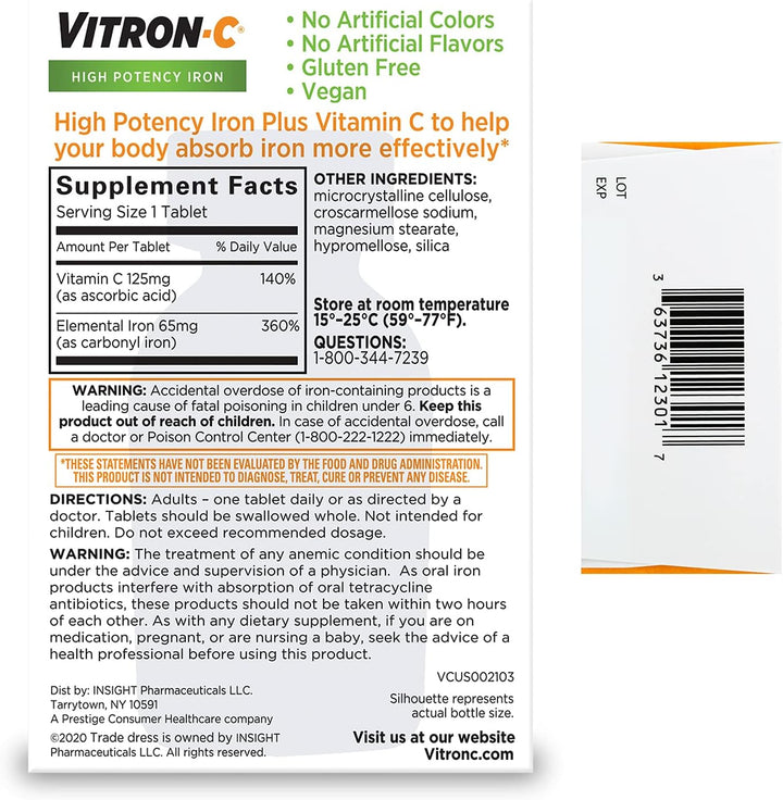 Vitron-C Iron Supplement, Once Daily, High Potency Iron plus Vitamin C, Supports Red Blood Cell Production, Dye Free Tablets, 60 Count