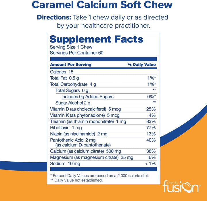 Bariatric Fusion Bariatric Calcium Chews | Caramel Calcium Citrate 500Mg with Vitamin D3 & Energy Soft Chews | Sugar Free Bariatric Vitamin Chewable | Post Gastric Bypass and Sleeve | 60 Count