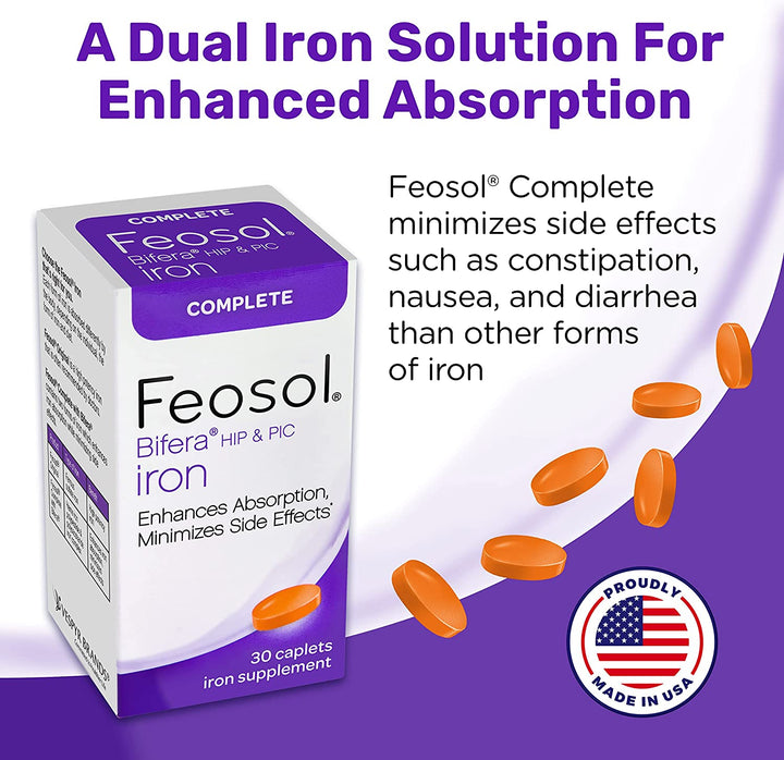 Feosol Complete Iron Supplement Caplets, Bifera Iron for High Absorption, Heme and Non-Heme Dual Action Minimizes Side Effects, 1 per Day, for Energy and Immune System Support, Made in USA, 30 Count