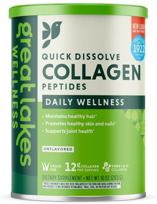 Great Lakes Wellness Collagen Peptides Powder Supplement for Skin Hair Nail Joints - Unflavored - Quick Dissolve Hydrolyzed, Non-Gmo, Keto, Paleo Friendly, Gluten-Free - 10 Oz Canister