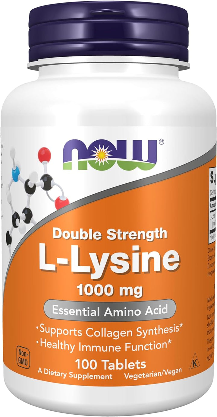 NOW Supplements, (L-Lysine Hydrochloride) 1,000 Mg, Double Strength, Amino Acid, 100 Tablets