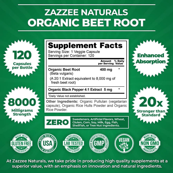 Zazzee USDA Organic Beet Root 20:1 Extract, 8000 Mg Strength, Enhanced Absorption with Organic Black Pepper Extract, 120 Vegan Capsules, Standardized, Concentrated 20X Extract, All-Natural and Non-Gmo