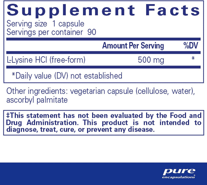 Pure Encapsulations L-Lysine - Essential Amino Acid Supplement for Immune Support & Gum, Lip Health* - with L-Lysine Hcl - 90 Capsules