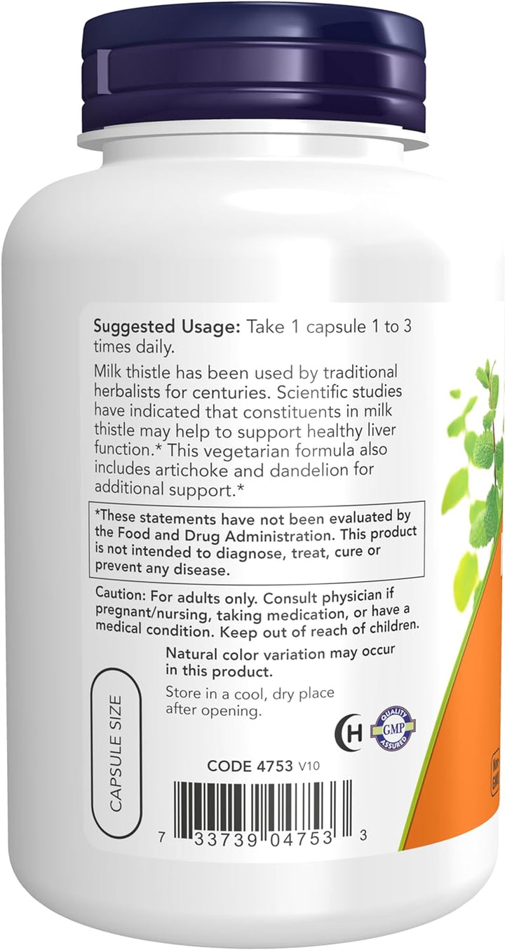 NOW Supplements, Silymarin Milk Thistle Extract 300 Mg with Artichoke and Dandelion, Double Strength, Supports Liver Function*, 50 Veg Capsules