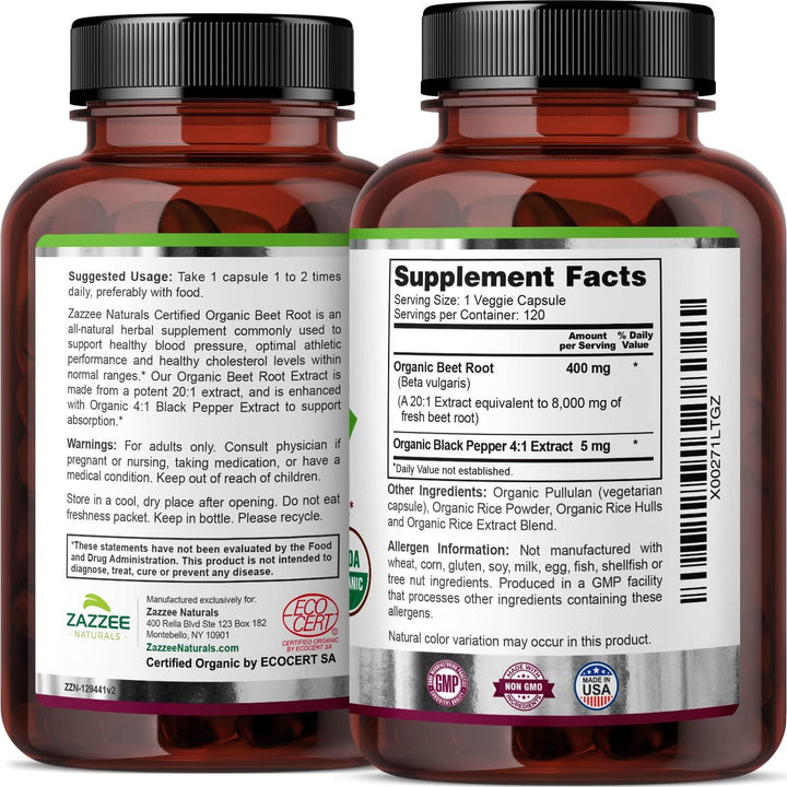 Zazzee USDA Organic Beet Root 20:1 Extract, 8000 Mg Strength, Enhanced Absorption with Organic Black Pepper Extract, 120 Vegan Capsules, Standardized, Concentrated 20X Extract, All-Natural and Non-Gmo