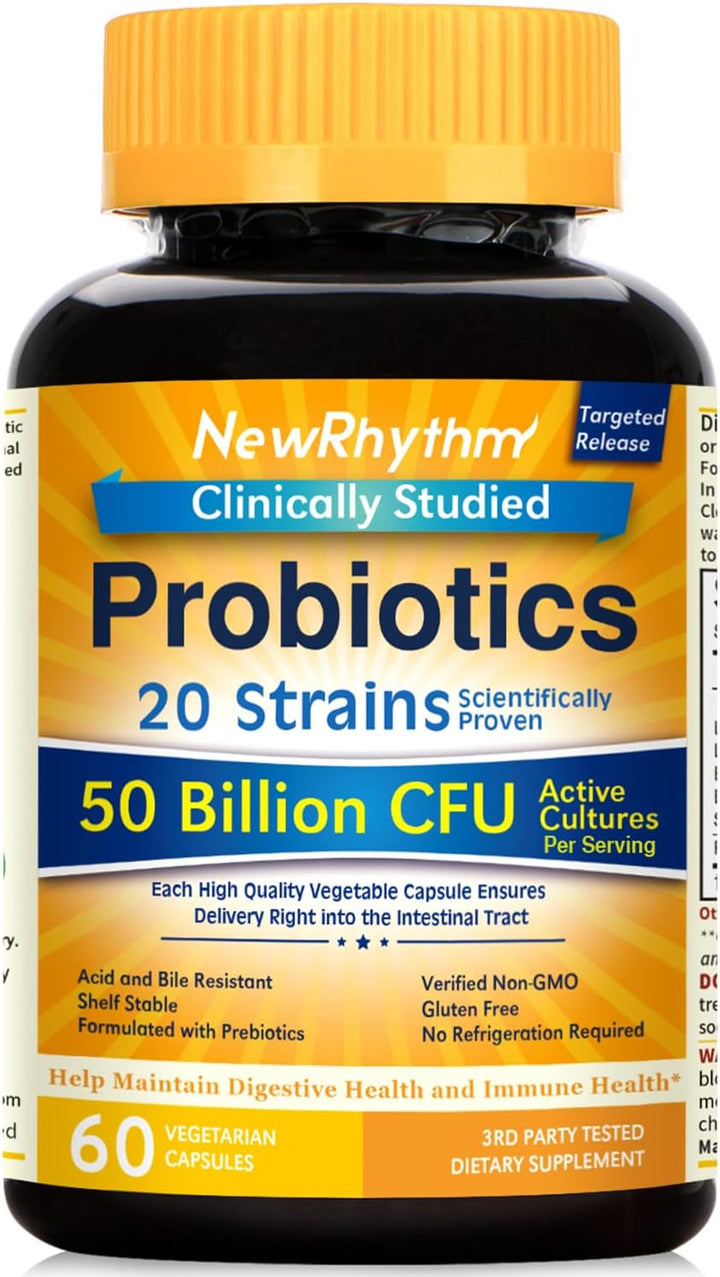 Newrhythm Women'S Probiotics, Organic Cranberry for Feminine Health, 50 Billion CFU 18 Strains, Probiotics with Prebiotics, No Refrigeration Needed, 60 Vegan Capsules