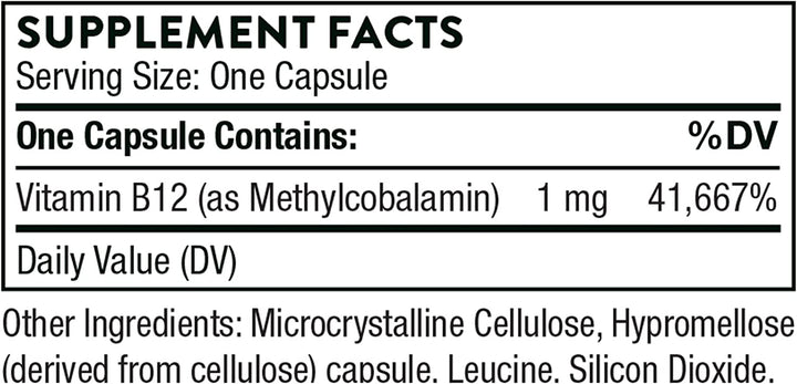 THORNE Vitamin B12 - as Methylcobalamin - Supports Heart and Nerve Health, Blood Cell Function, Healthy Sleep, and Methylation - Gluten-Free, Soy-Free, Dairy-Free - 60 Capsules