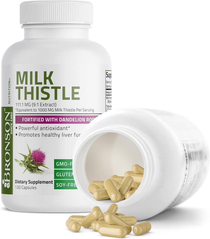 Bronson Milk Thistle Silymarin Marianum & Dandelion Root Liver Health Support, Antioxidant Support, Detox, 120 Capsules