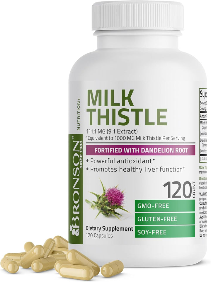 Bronson Milk Thistle Silymarin Marianum & Dandelion Root Liver Health Support, Antioxidant Support, Detox, 120 Capsules