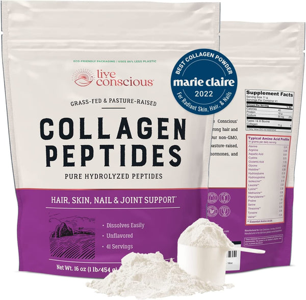 Collagen Peptides Powder - Naturally-Sourced Hydrolyzed Collagen Powder - Hair, Skin, Nail, and Joint Support - Type I & III Grass-Fed Collagen Supplements for Women and Men - 41 Servings - 16Oz