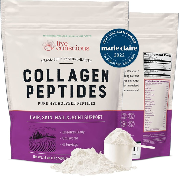 Live Conscious Collagen Peptides Powder - Hair, Skin, Nail, and Joint Support - Type I & III Collagen - Naturally-Sourced Hydrolyzed Protein - 82 Servings - 16Oz (2-Pack)