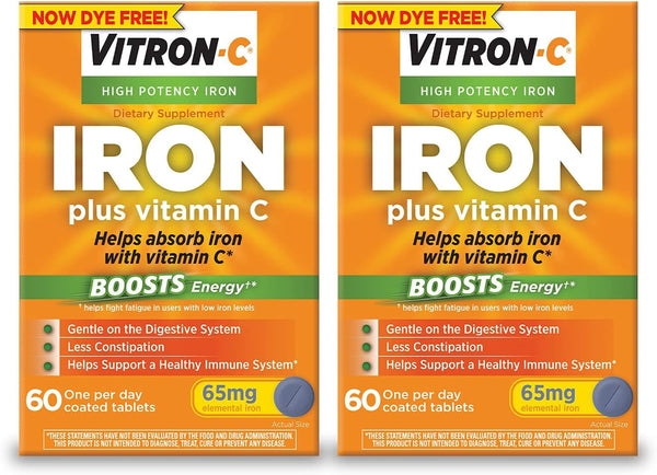 Vitron-C Iron Supplement, Once Daily, High Potency Iron plus Vitamin C, Support Red Blood Cell Production, Dye Free Tablets, 60 Count, 2 Pack