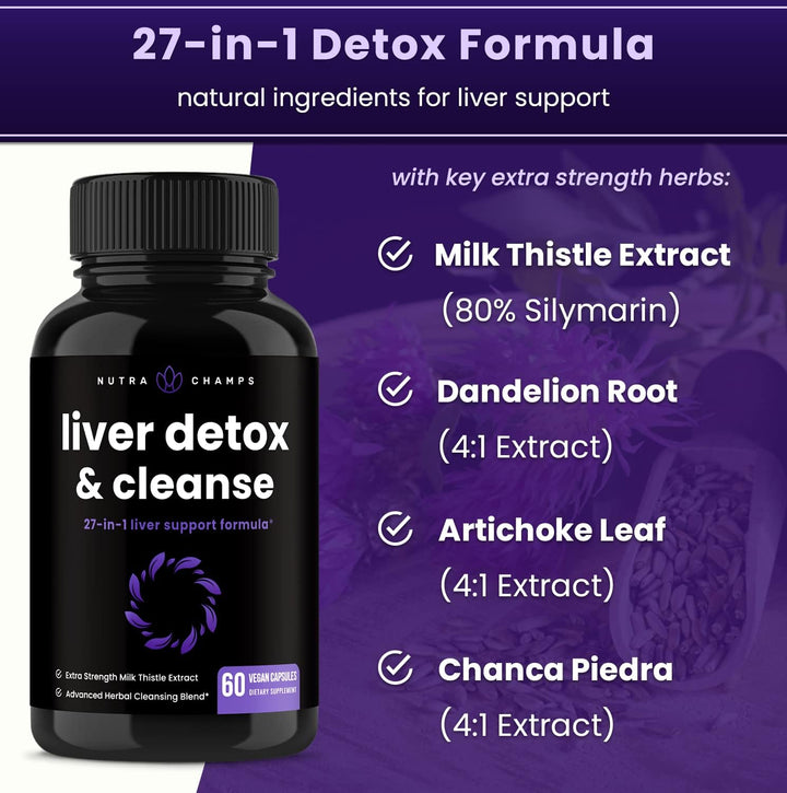 Liver Cleanse Detox & Repair Formula | 20+ Herbs: Milk Thistle Extract with Silymarin, Artichoke, Dandelion, Chicory Root Powder & More! | Premium Liver Support Pills Supplement, 60 Capsules