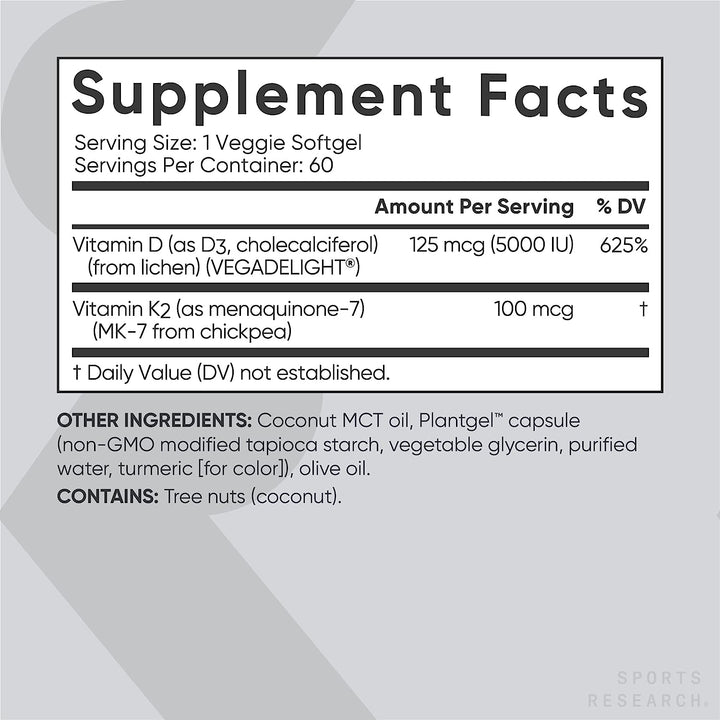Sports Research Vitamin D3 K2 with Coconut MCT Oil | Vegan D3 2500Iu (62.5Mcg) & Plant Based Vitamin K2 as MK7 Supplement | Vegan Certified, Soy & Gluten Free -60 Liquid Softgels