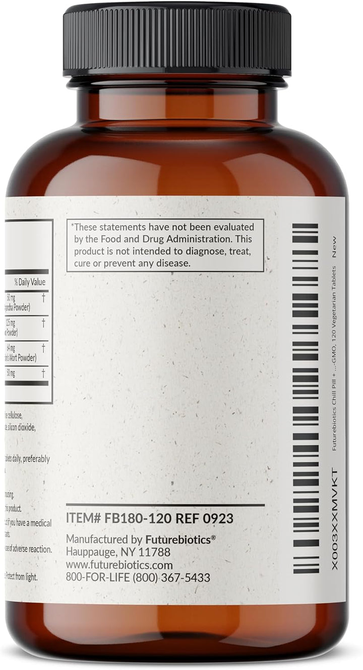 Futurebiotics Chill Pill + Ashwagandha, Rhodiola, St. John’S Wort, & L-Theanine 2000 MG per Serving - Non-Gmo, 120 Vegetarian Tablets