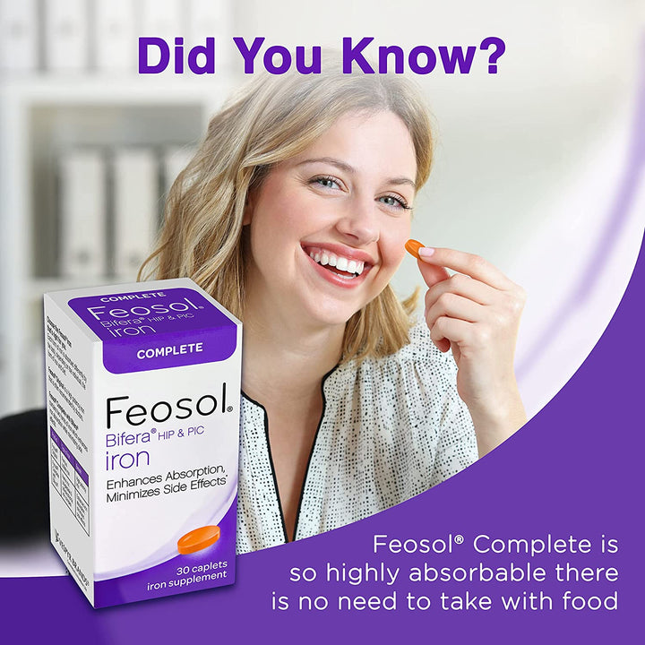 Feosol Complete Iron Supplement Caplets, Bifera Iron for High Absorption, Heme and Non-Heme Dual Action Minimizes Side Effects, 1 per Day, for Energy and Immune System Support, Made in USA, 30 Count