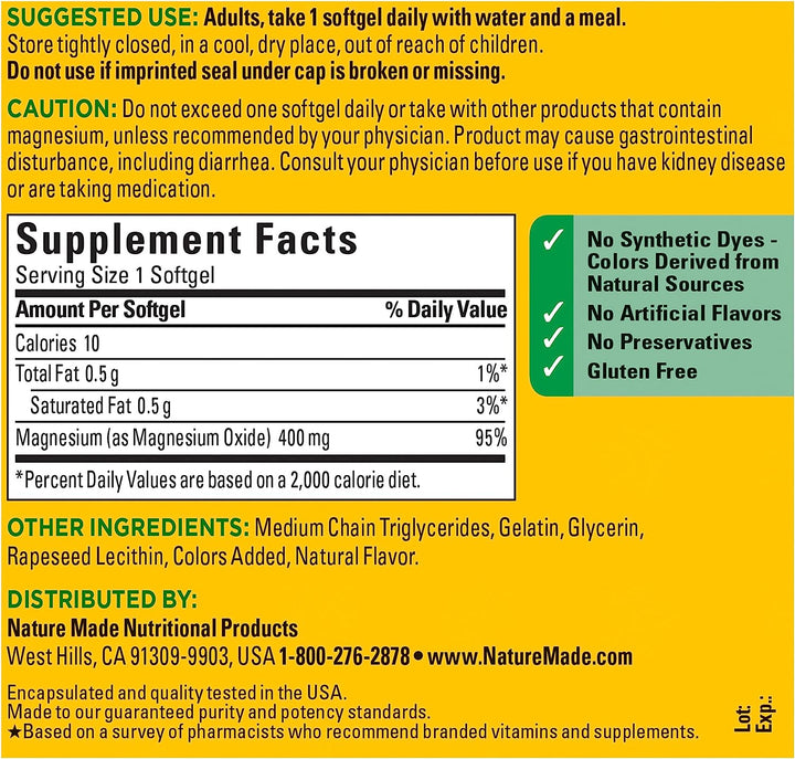 Nature Made Extra Strength Magnesium 400 Mg., 180 Softgels