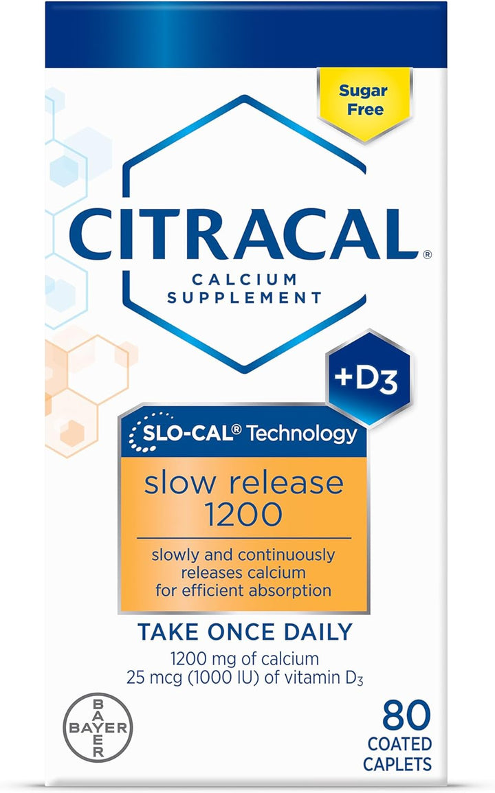 Citracal Slow Release 1200, 1200 Mg Calcium Citrate and Calcium Carbonate Blend with 1000 IU Vitamin D3, Bone Health Supplement for Adults, Once Daily Caplets, 80 Count