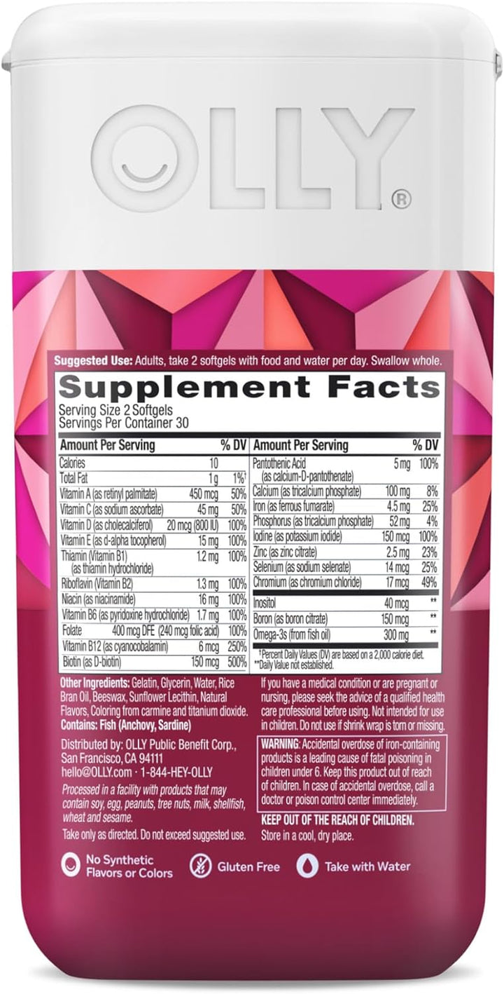 OLLY Women'S Multi + Omega-3 Ultra Strength Softgels and Flawless Complexion Berry Gummies - 60 Count and 50 Count