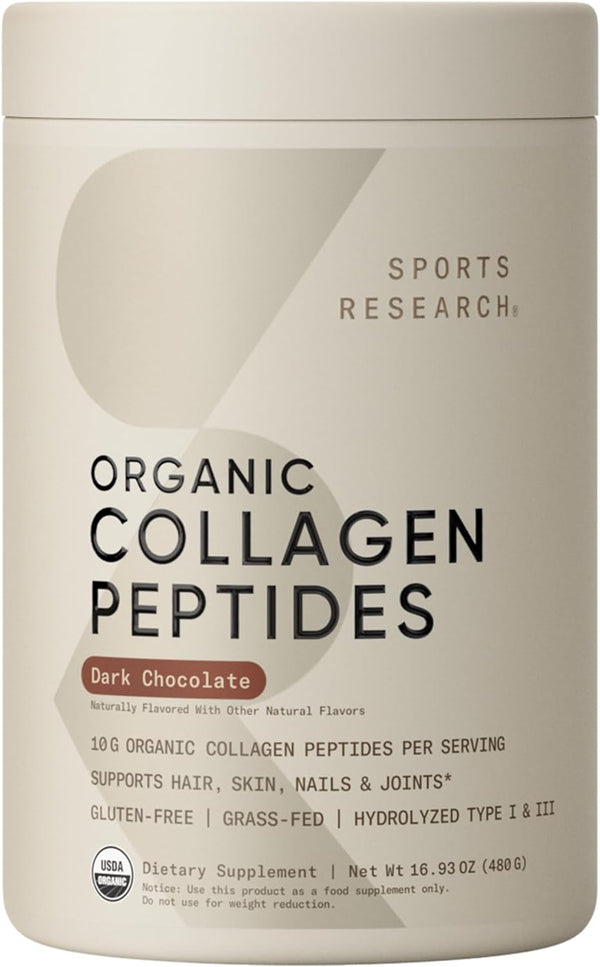 Sports Research Organic Collagen Powder - Hydrolyzed Type I & III Collagen Protein - USDA Organic, Gluten Free, Sustainably Sourced - Dark Chocolate - 30 Servings