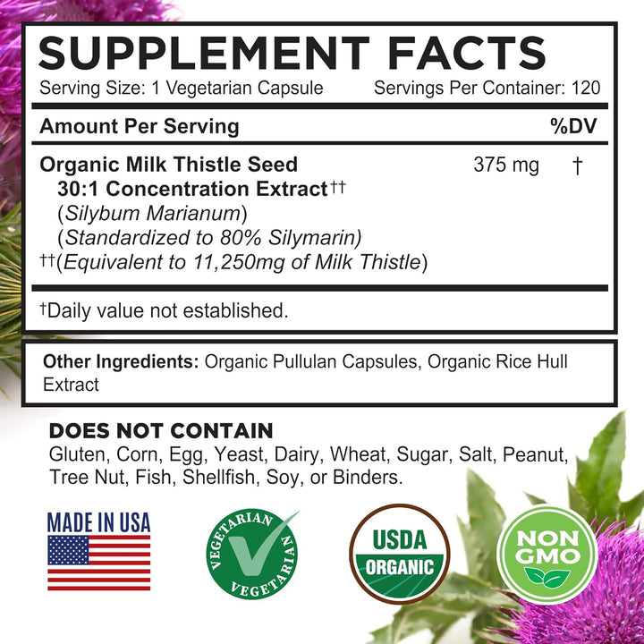 Farmhaven USDA Organic Milk Thistle Capsules |30X Concentrated Seed Extract & 80% Silymarin Standardized - Supports Liver Function and Overall Health | Non-Gmo | 120 Veggie Capsules